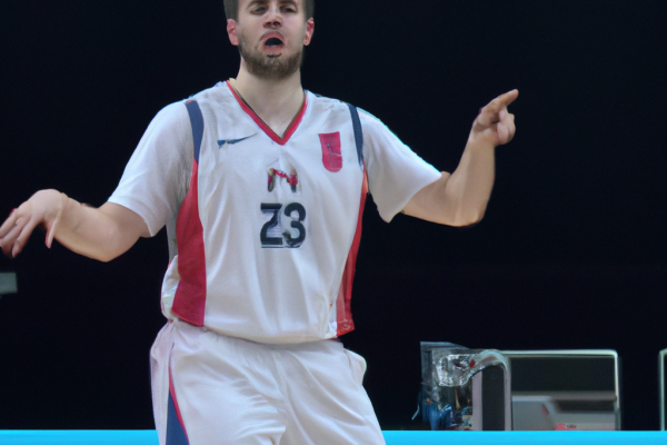 Marko Guduric reacts to Serbia running the floor against Canada