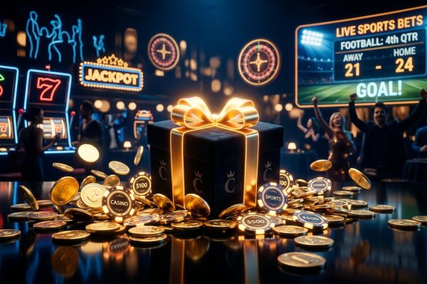 A glowing gift box surrounded by gold coins and casino chips in a casino with slot machines and a sports betting screen