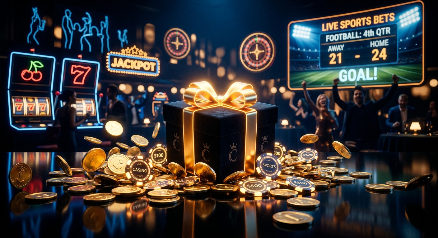 A glowing gift box surrounded by gold coins and casino chips in a casino with slot machines and a sports betting screen