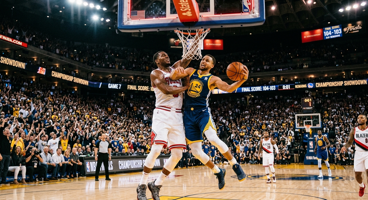 A Golden State Warriors player drives to the basket against a Chicago Bulls defender in a packed arena during a close game