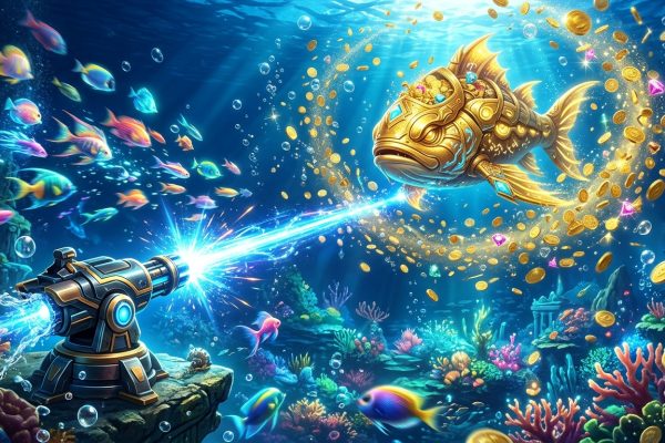 A laser cannon shooting a large golden fish amidst a swirl of coins and gems in a vibrant underwater coral reef