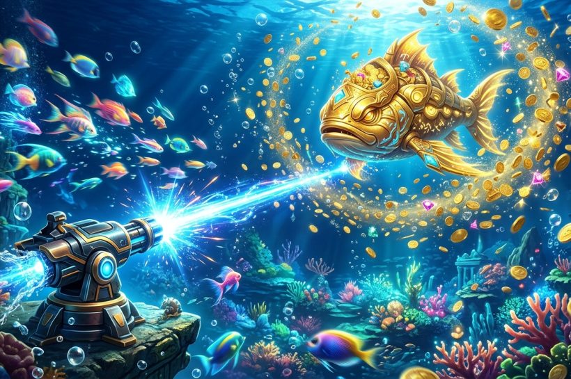 A laser cannon shooting a large golden fish amidst a swirl of coins and gems in a vibrant underwater coral reef