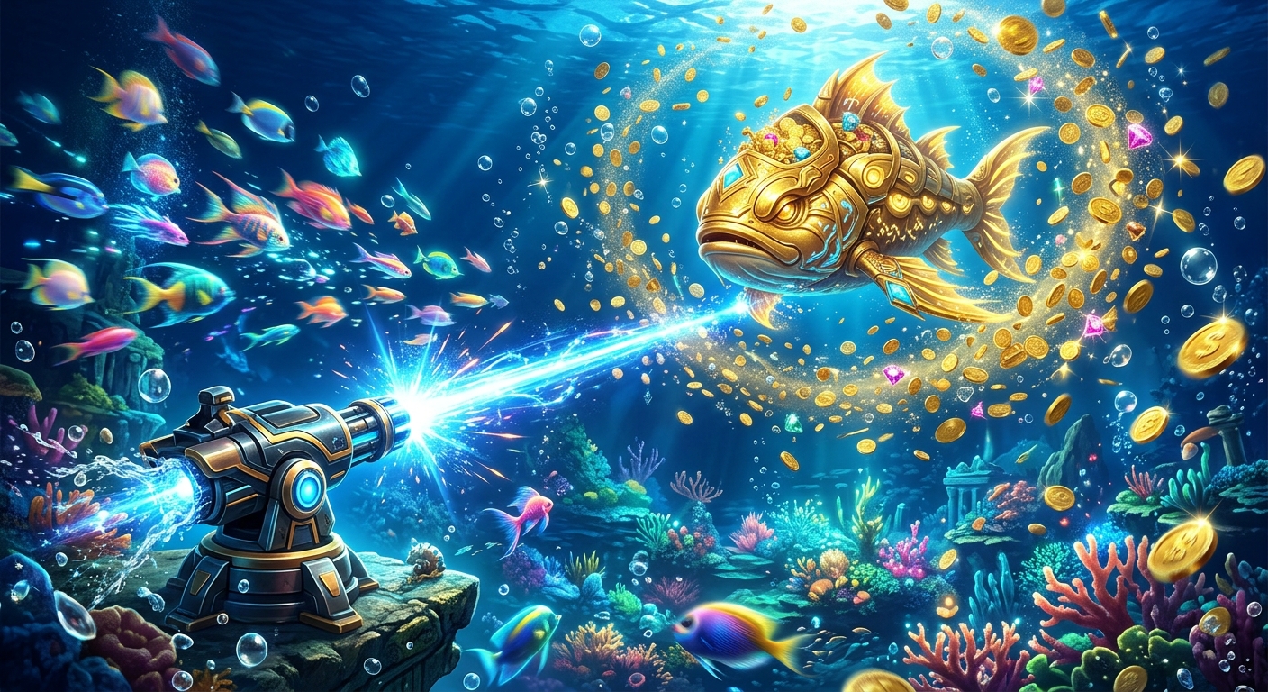 A laser cannon shooting a large golden fish amidst a swirl of coins and gems in a vibrant underwater coral reef