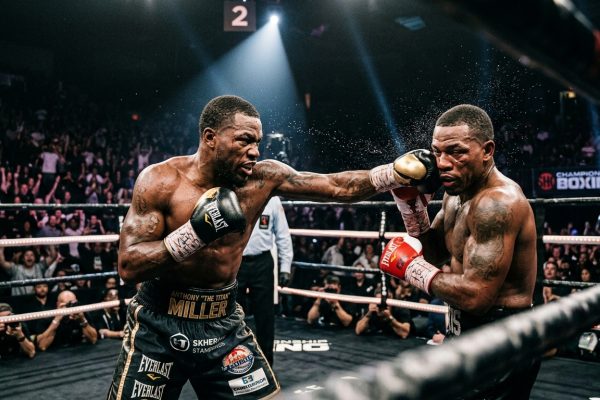 Anthony Miller lands a punch to his opponent's head during a boxing match as sweat sprays from the impact