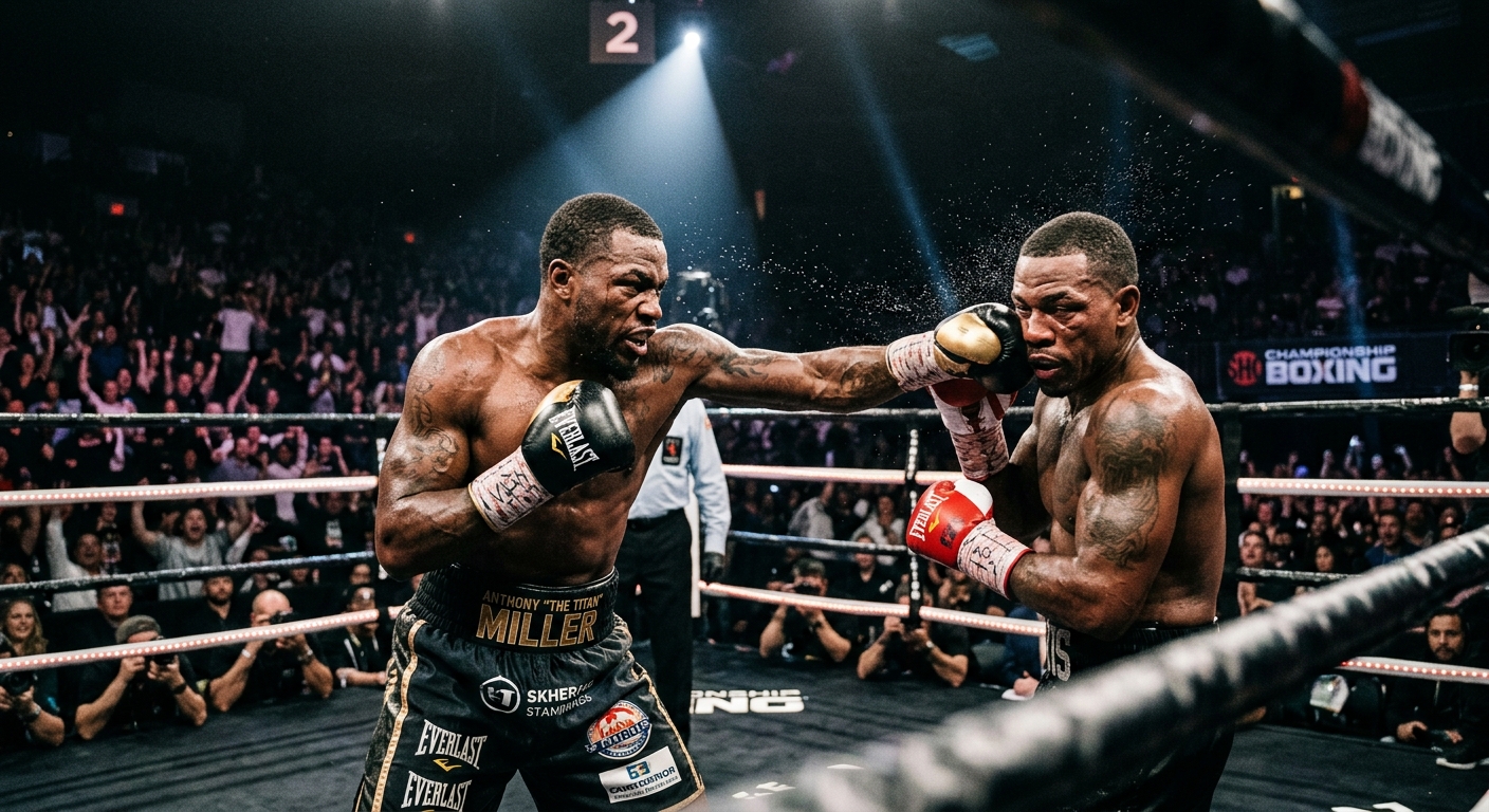 Anthony Miller lands a punch to his opponent's head during a boxing match as sweat sprays from the impact