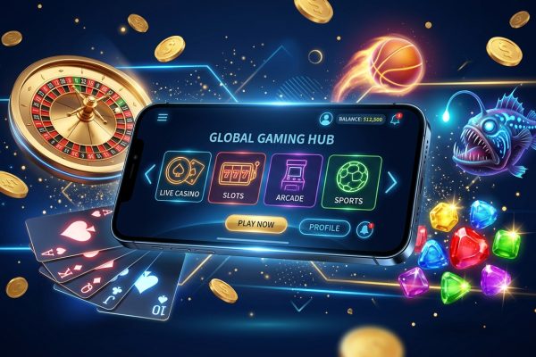 Global Gaming Hub mobile app interface with live casino, slots, arcade, and sports options, surrounded by gaming icons
