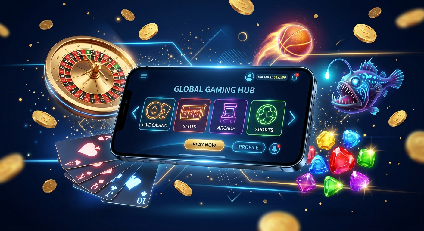 Global Gaming Hub mobile app interface with live casino, slots, arcade, and sports options, surrounded by gaming icons
