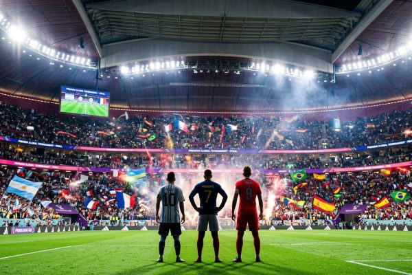 Messi, Mbappé, and Kane stand on a pitch facing a packed stadium of fans waving international flags