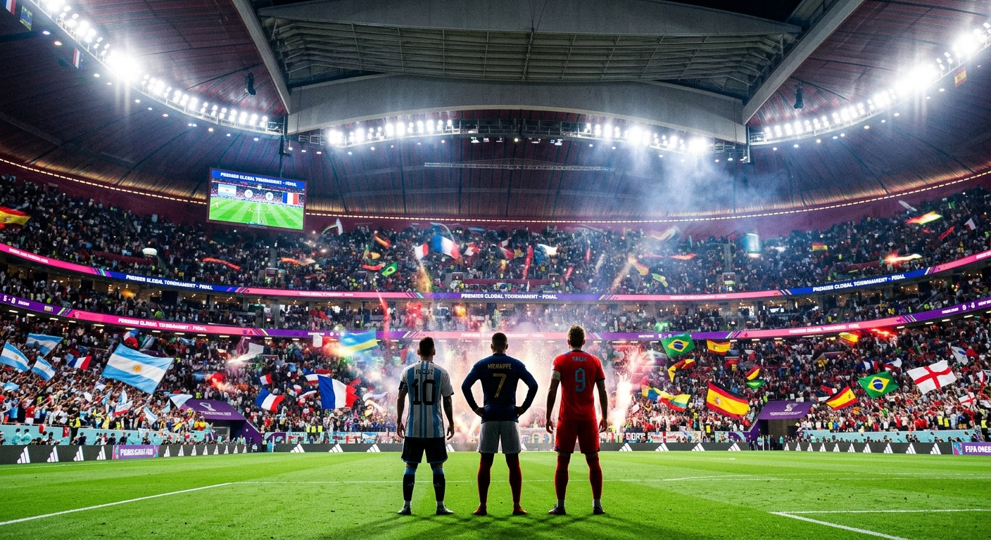 Messi, Mbappé, and Kane stand on a pitch facing a packed stadium of fans waving international flags