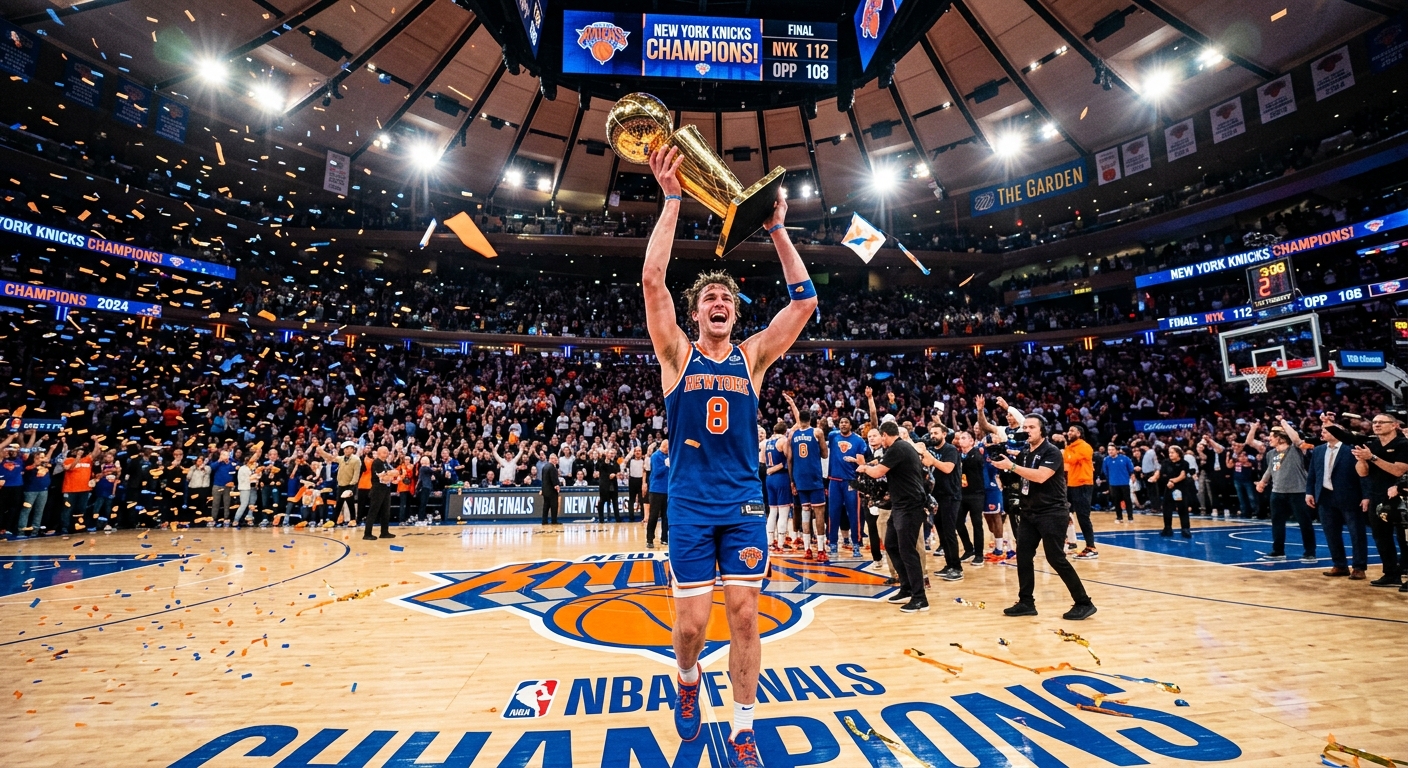 New York Knicks player #8 holds the championship trophy at Madison Square Garden as confetti falls after a title win