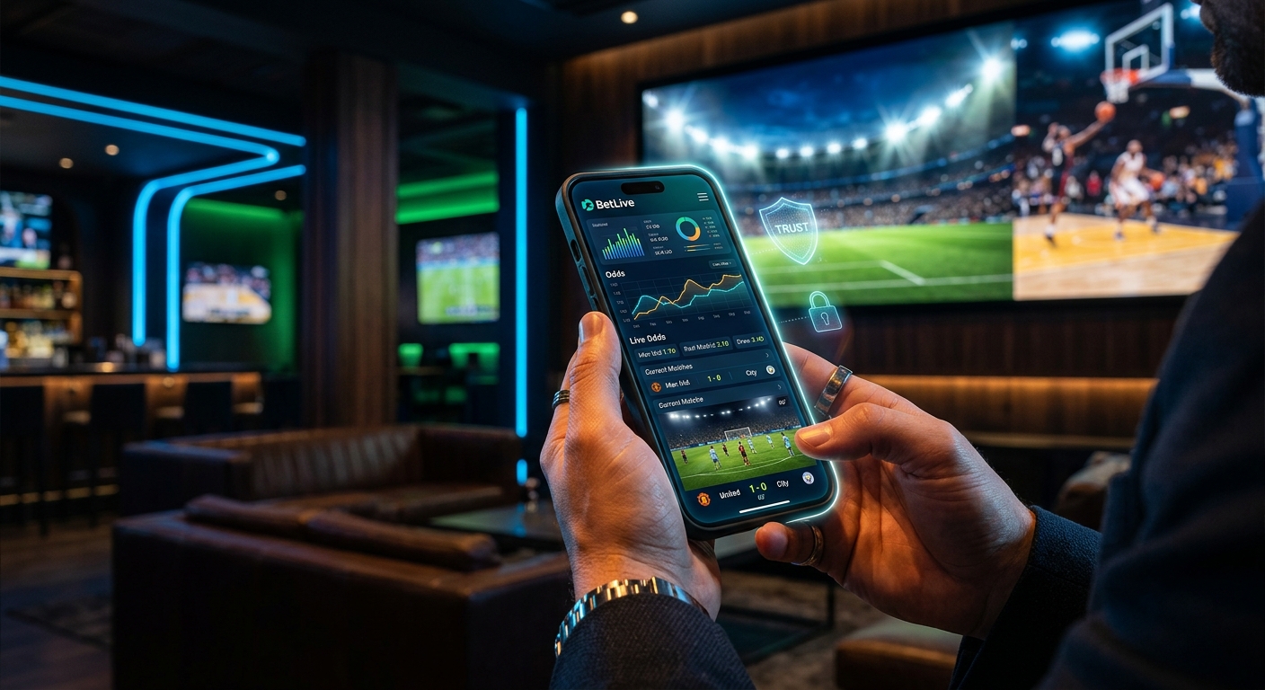 Person using a sports betting app on a smartphone in a sports bar with live games on large screens