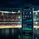 Smartphone displaying a live sports betting app with scores and odds in front of a blurred stadium at night