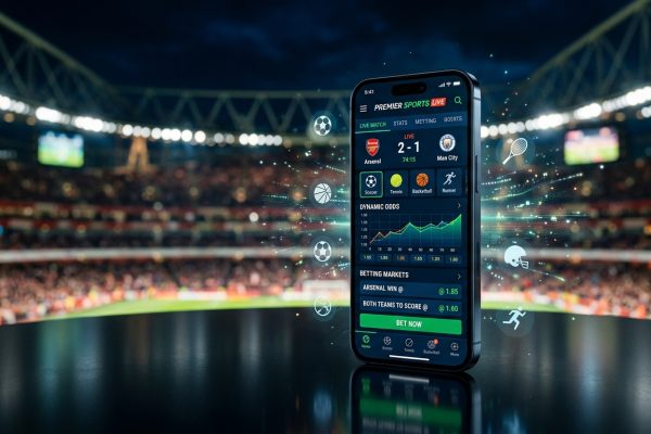 Smartphone displaying a live sports betting app with scores and odds in front of a blurred stadium at night