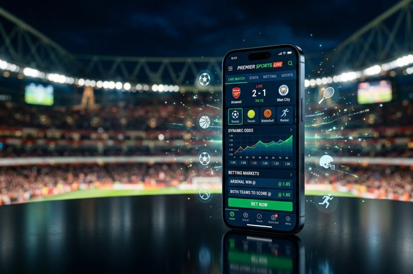 Smartphone displaying a live sports betting app with scores and odds in front of a blurred stadium at night