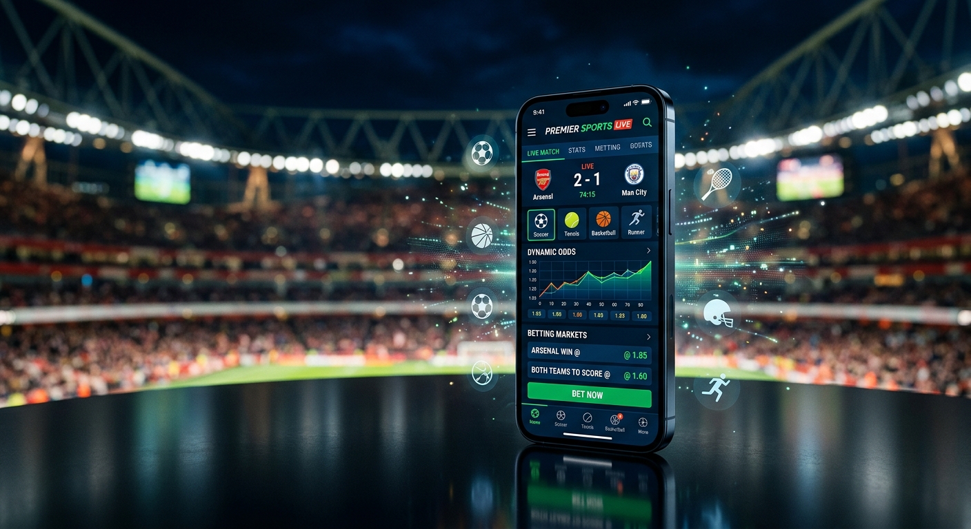 Smartphone displaying a live sports betting app with scores and odds in front of a blurred stadium at night