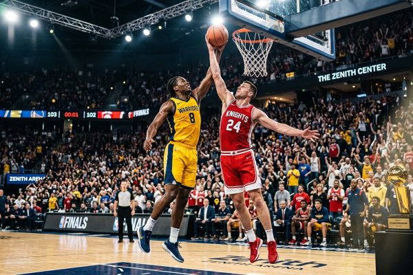 Warriors player 8 and Knights player 24 jump for the ball at the buzzer in a packed arena during the finals