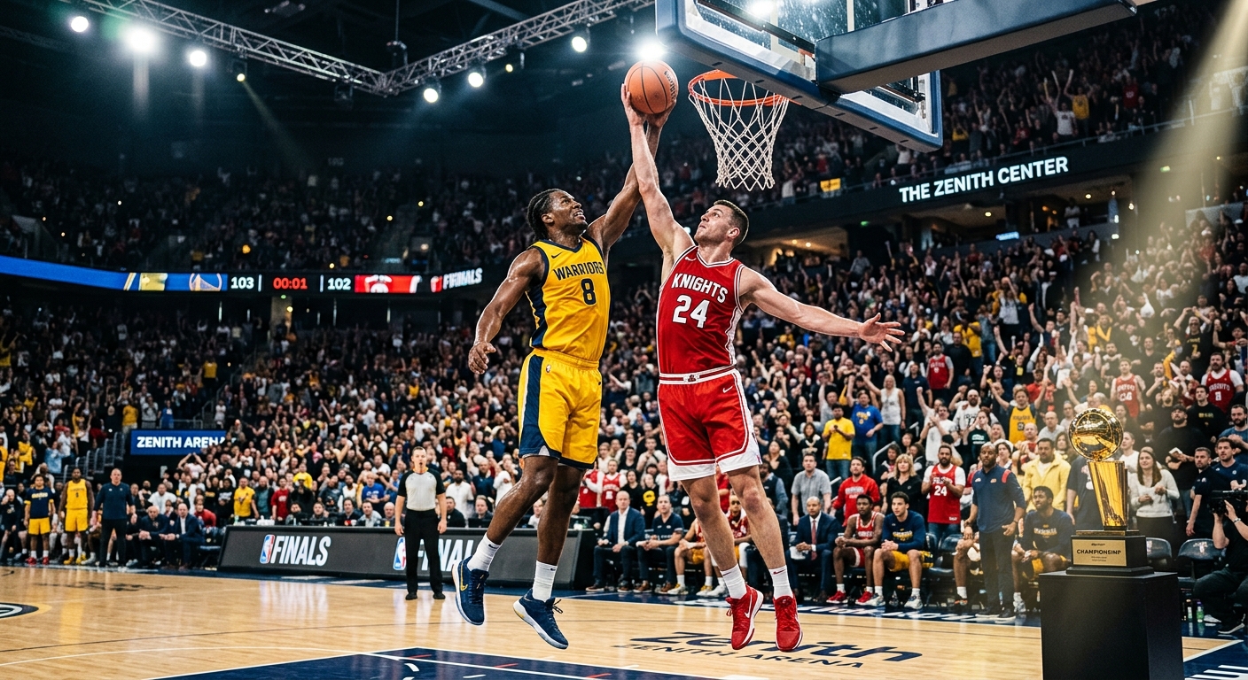 Warriors player 8 and Knights player 24 jump for the ball at the buzzer in a packed arena during the finals
