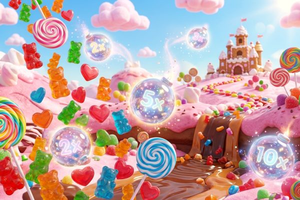 Whimsical candy landscape with gummy bears, lollipops, a gingerbread castle, and glowing game multipliers