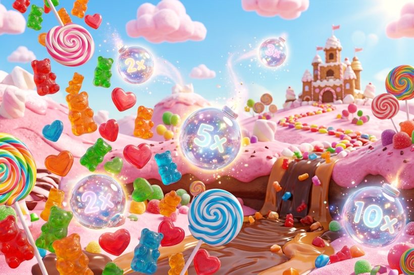 Whimsical candy landscape with gummy bears, lollipops, a gingerbread castle, and glowing game multipliers