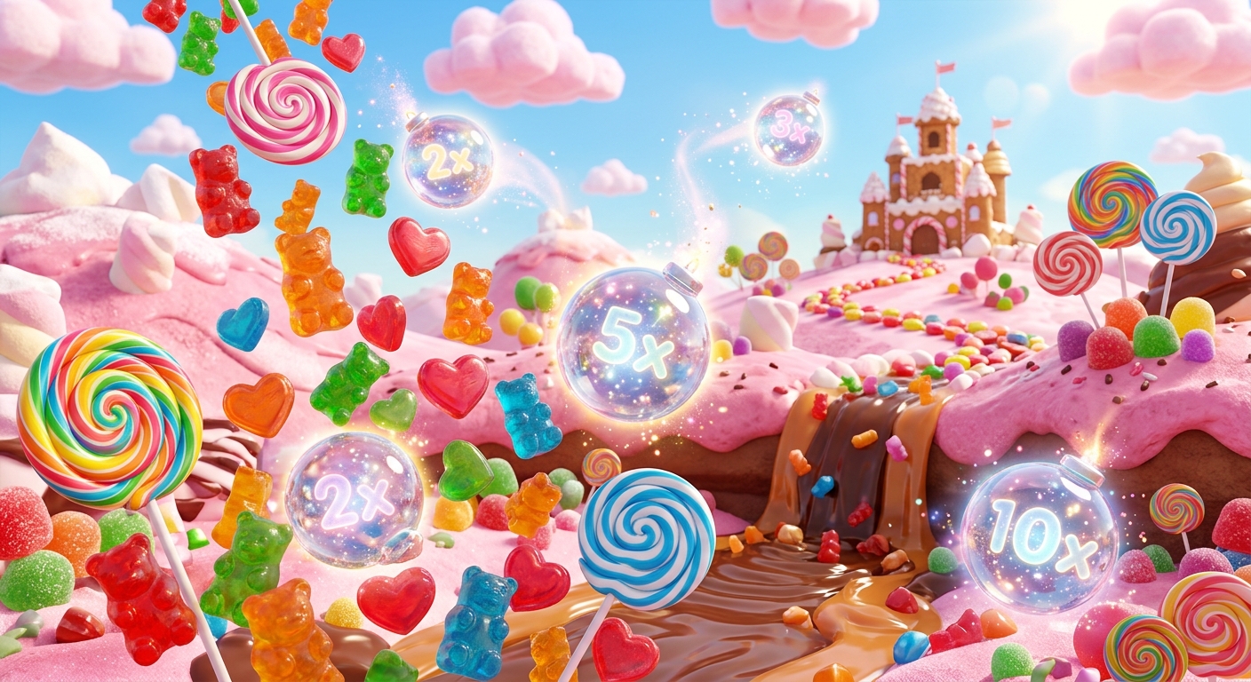 Whimsical candy landscape with gummy bears, lollipops, a gingerbread castle, and glowing game multipliers